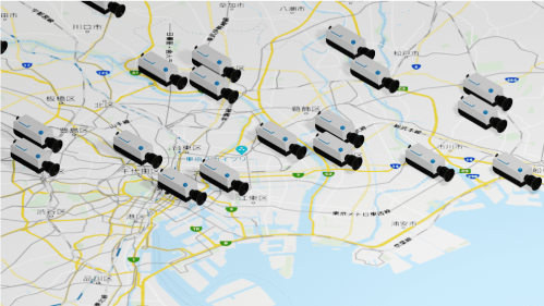マップ技術の表示例。地図上に複数のカメラ設置位置を一覧表示。