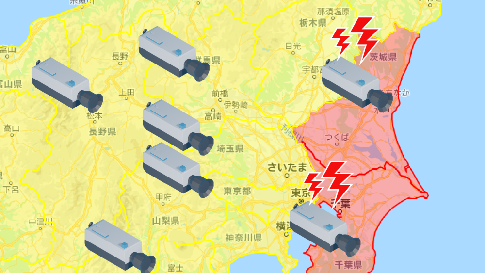 気象連動技術の表示例。地図上に気象警報エリアとカメラ位置を重ねて表示。